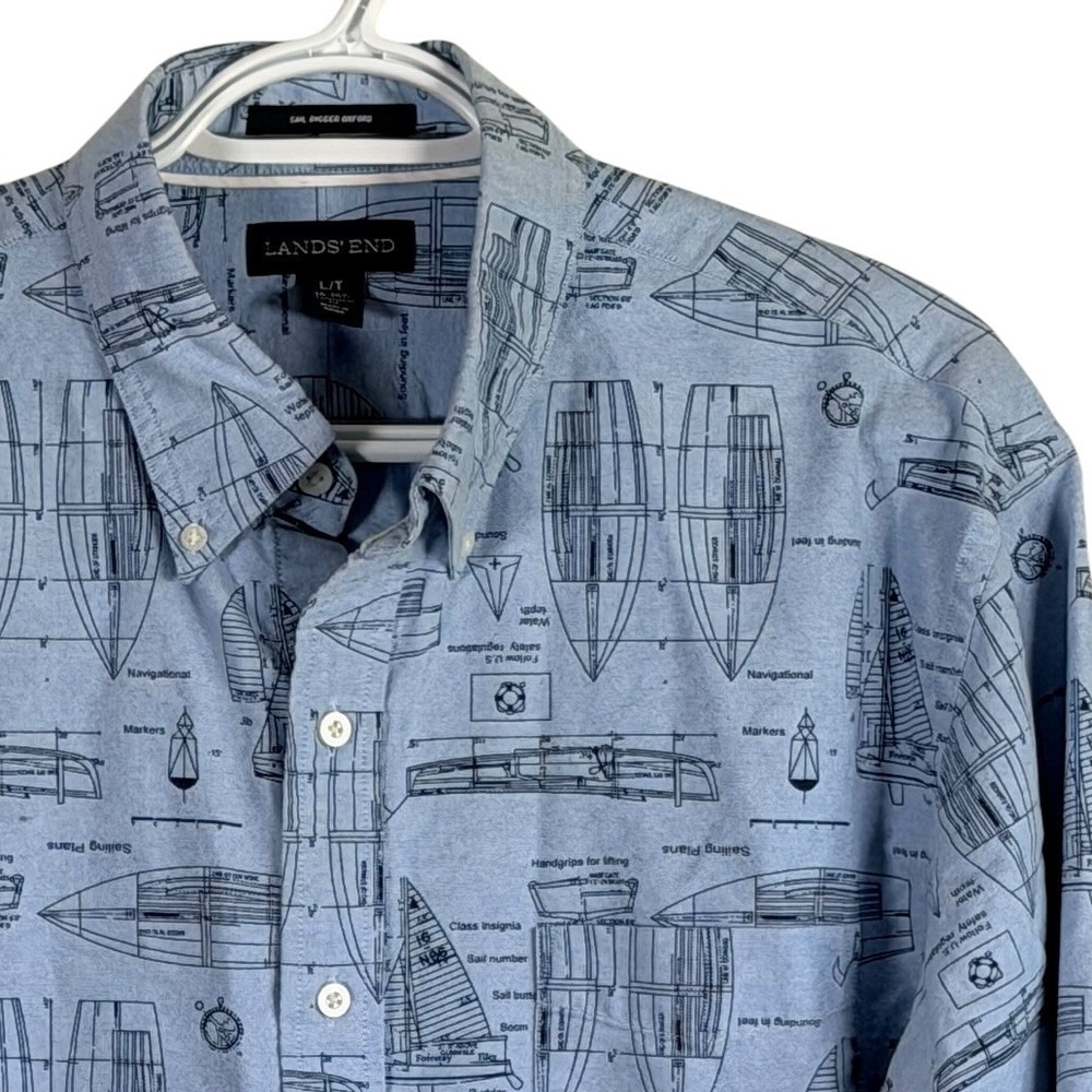 Lands' End Sail Rigger Oxford Mens LT Blue Nautical Sailing Blueprint Shirt